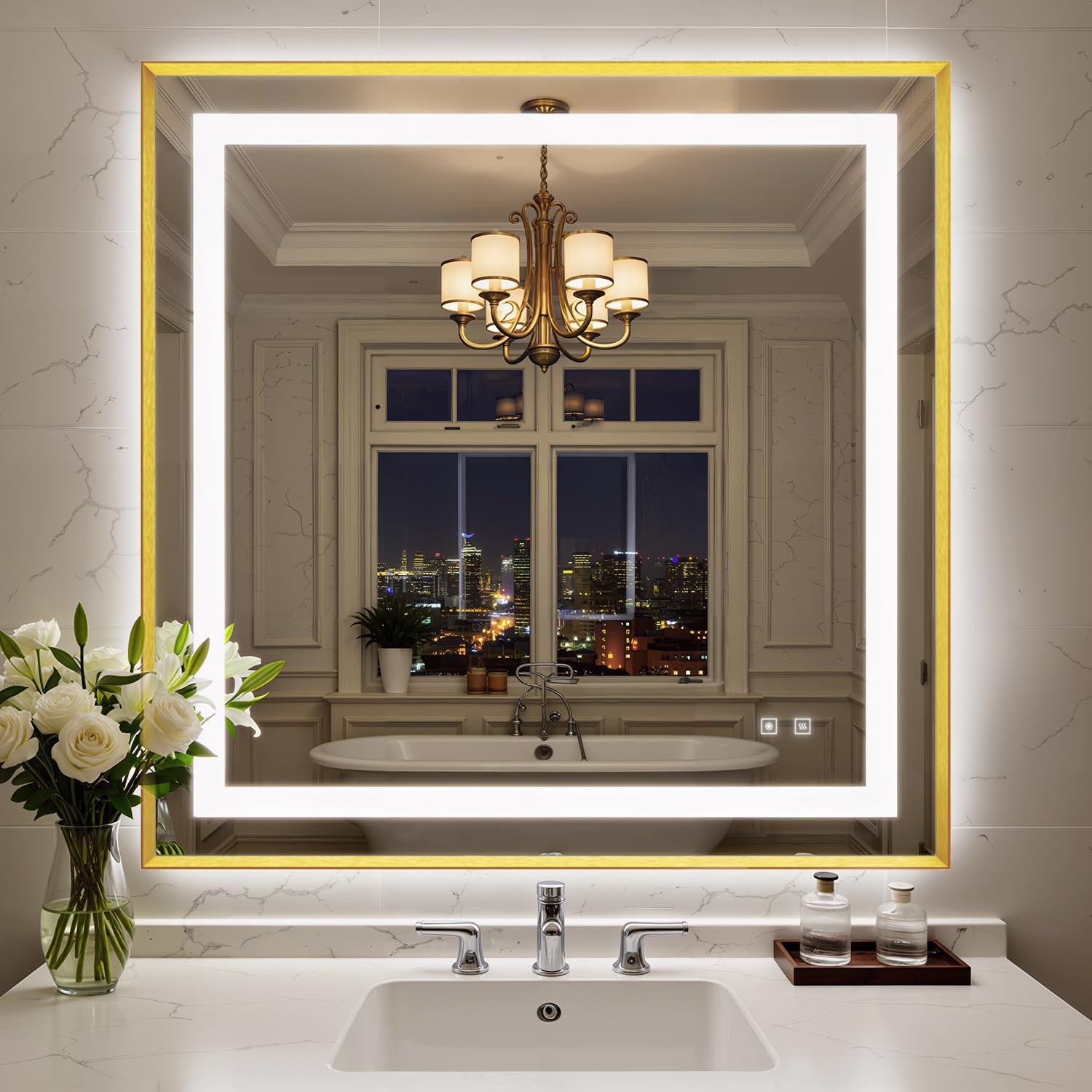 36X36 Inch LED Bathroom Mirror with Lights, Gold Frame Frontlit+ Backlit Bathroom Vanity Mirror for Wall, Ultra-Clear Tempered Glass, Shatter-Proof, Anti-Fog and Memory Function, ETL Listed