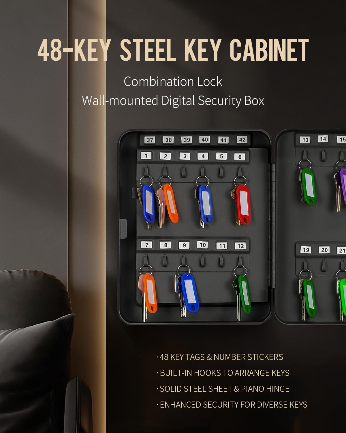 Uniclife 48 Position Key Cabinet with Combination Lock Resettable Black Digital Security Storage Box Steel Key Organizer with Colorful Key Tag Labels Stickers and Hooks