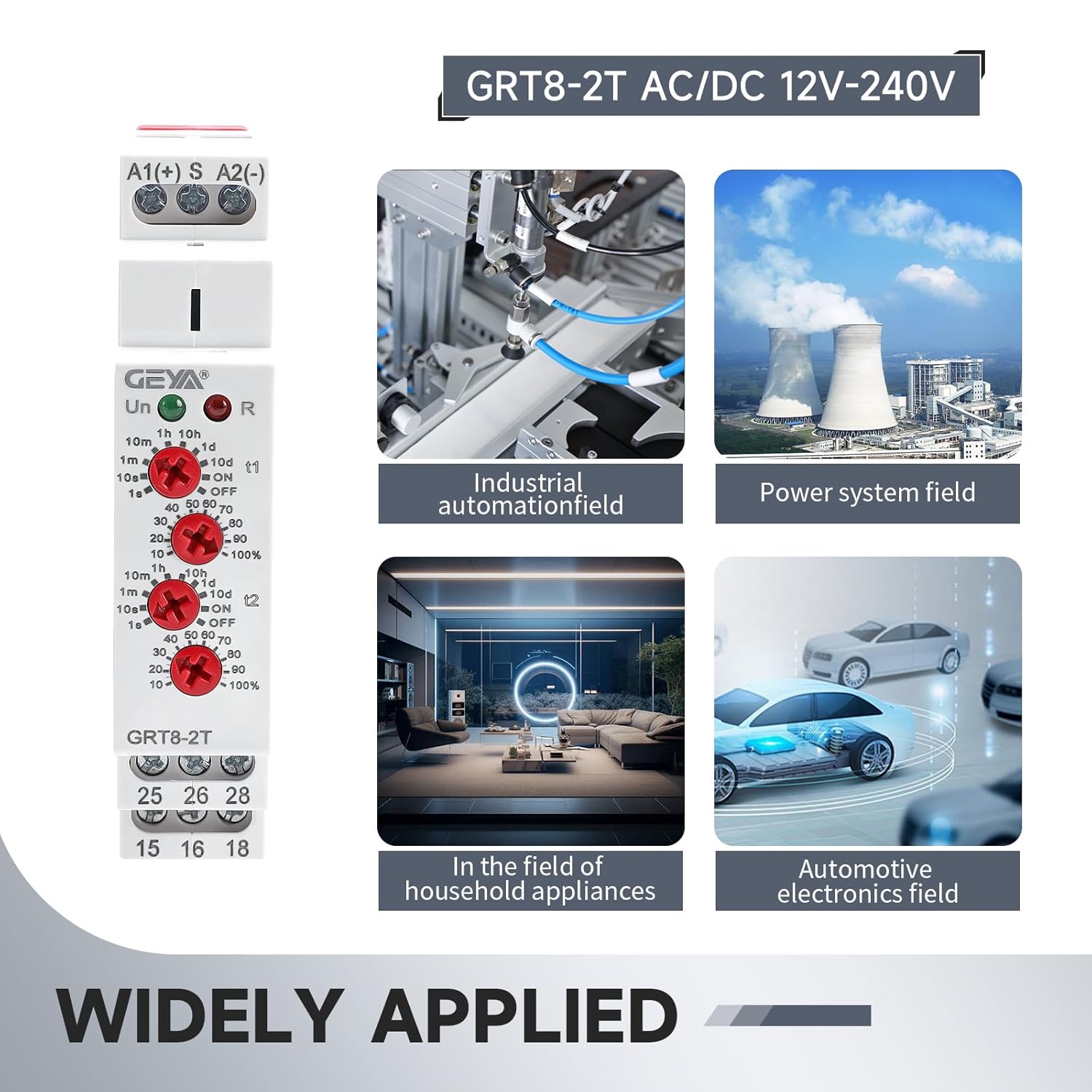 GRT8-2T Double Delay On Timer Relay，16A AC/DC12V to 240V Adjustable Two Groups of Output terminals with Different delay on Times Relay of Wide Time Delay Range for 0.1 Seconds to 10 Days
