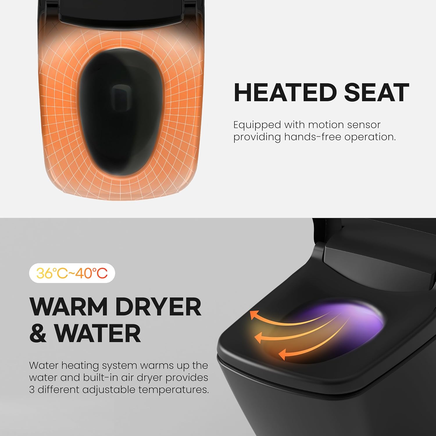 VOVO STYLEMENT TCB 090SA(B) Smart Toilet for bathrooms, Elongated One Piece Toilet with Auto Open/Close Lid, 1.12 GPF, Auto Dual Flush, ADA Chair Height, Heated Seat, Made in Korea - Black