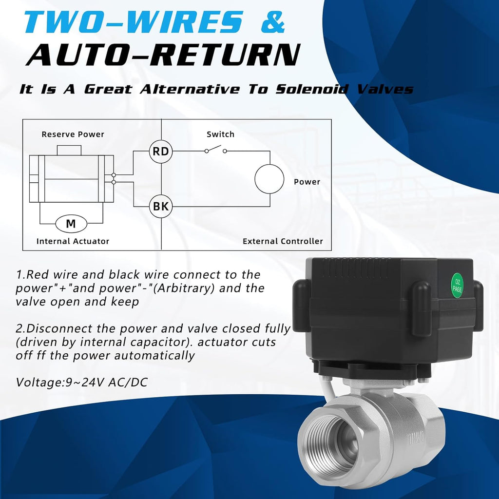 1" Motorized Ball Valve - 9-24V AC/DC Electric Water Valve 2 Wire Auto Return,with Full Port,Stainless Steel