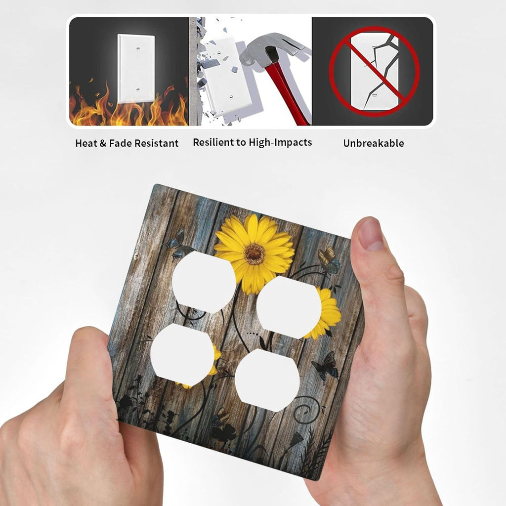 Rustic Barn Sunflower Wooden Daisy Flower Plank Outlet Covers 2 Gang Double Duplex Decorative Light Switch Covers Electrical Wallplates Socket Faceplate for Farmhouse Home Decor