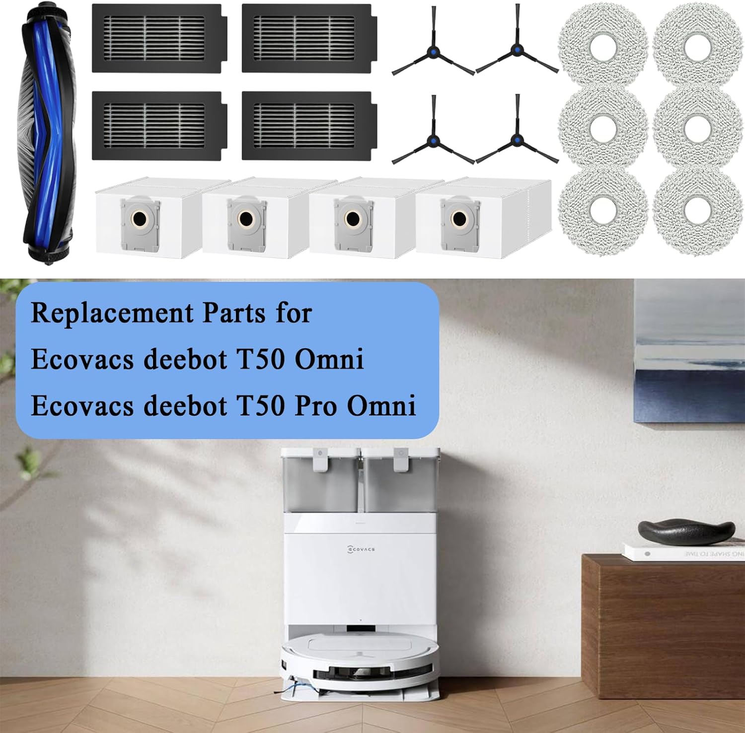 Replacement Parts for ECOVACS DEEBOT T50 Pro Omni/ T50 Omni/ T50 Pro, Accessories including 1 Main Brush, 6 Mop Pads, 4 Dust Bags, 4 HEPA Filters, 4 Side Brushes, 1 Cleaning Tool