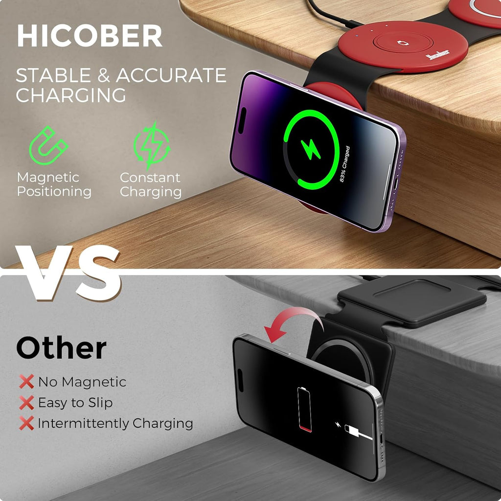 Hicober 3 in 1 Wireless Charging Station for Apple Watch and iPhone Air 17 16 15 14 13 12 Pro Max/Plus, Magnetic Foldable Wireless Travel Charger Station Stand for Airpods iWatch All Series Dark Red