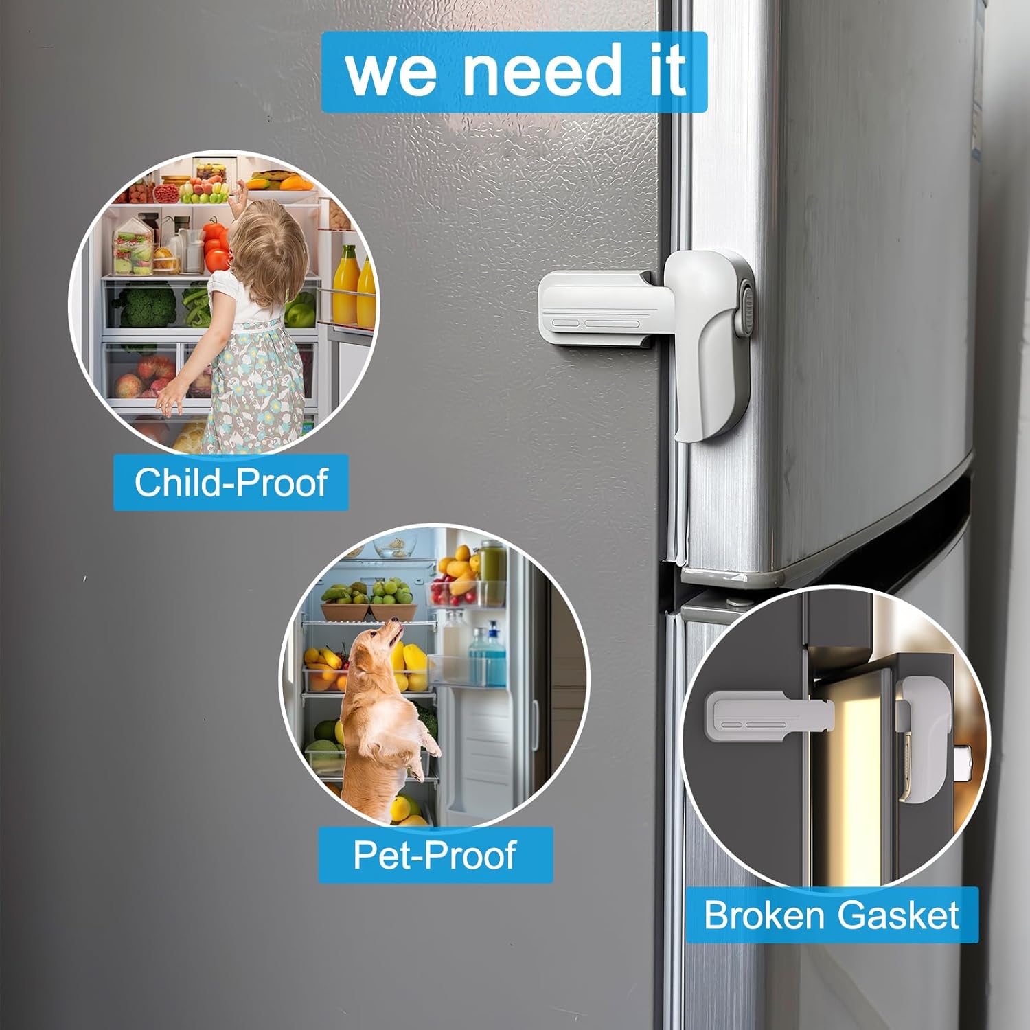 2 Pack Child Safety Refrigerator/Fridge/Freezer Door Lock, One Handed Operation & with Always Open Function, No Tools Need or Drill (Grey)