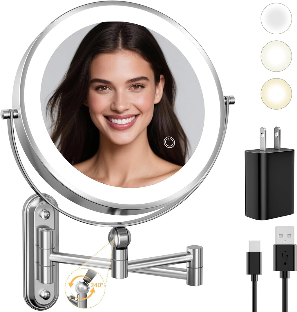Rocollos 9-Inch Large Makeup Mirror with 30X Magnification, Rechargeable Wall Mounted Vanity Mirror with Lights, 3 Color Dimmable LED, Touch Screen & Retractable Arm-Black (9INCH-Chrome)