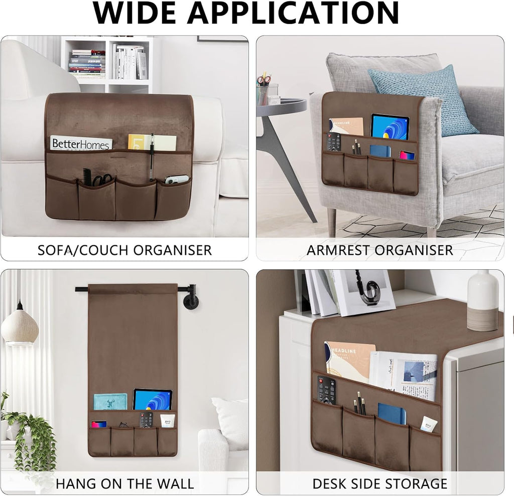 TV Remote Control Holder Couch Caddy, Non-slip Bedside Caddy Organizer with 5 Pockets for Key Glasses Phone Magazine Holders (Brown, 35''x18'')