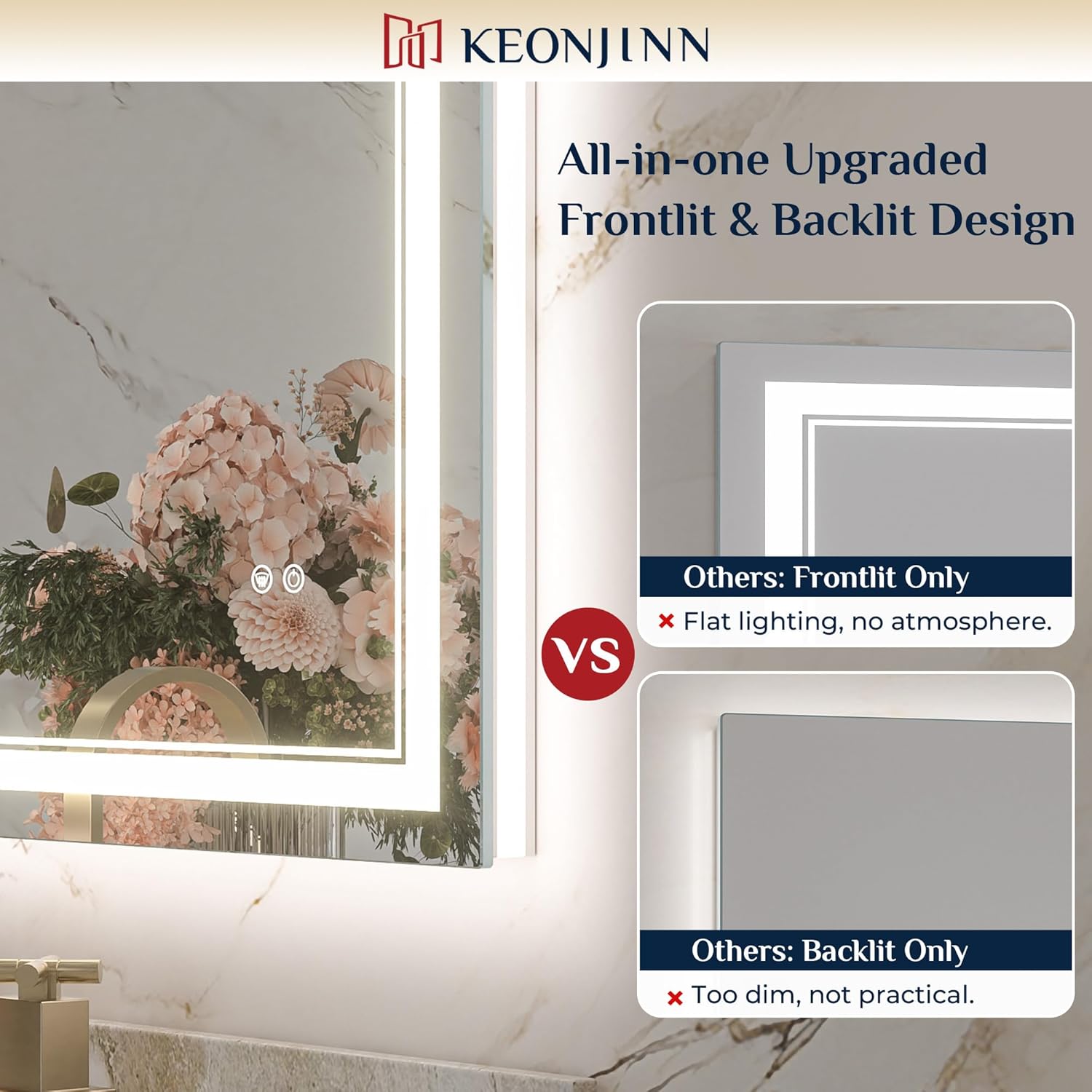 Keonjinn 48" x 30" Lighted Bathroom Mirror, Frontlit & Backlit Frameless LED Mirror, HD Tempered Glass, Quick Defogging, 3 Color Lights, Dimmable, UL-Listed LED Driver, Wall-Mounted Vanity Mirror