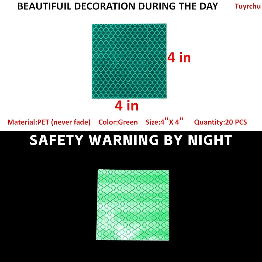 Non Fading Green Reflective Stickers 4 inch X 4 inch, Outdoor Waterproof High Visibility Warning Safety Adhesive Reflector Tape (20 Pcs)