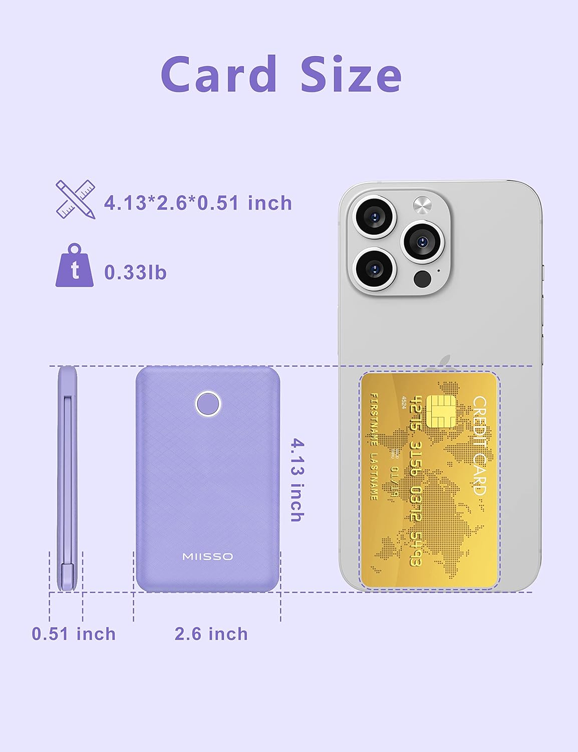 6000mah Ultra Slim Built in Cables Power Bank, Card Size Built in USB C Cords Battery Pack Portable Charger for Phones, 3 Output External Battery Pack Compatible with iPhone, 2-Pack White & Purple