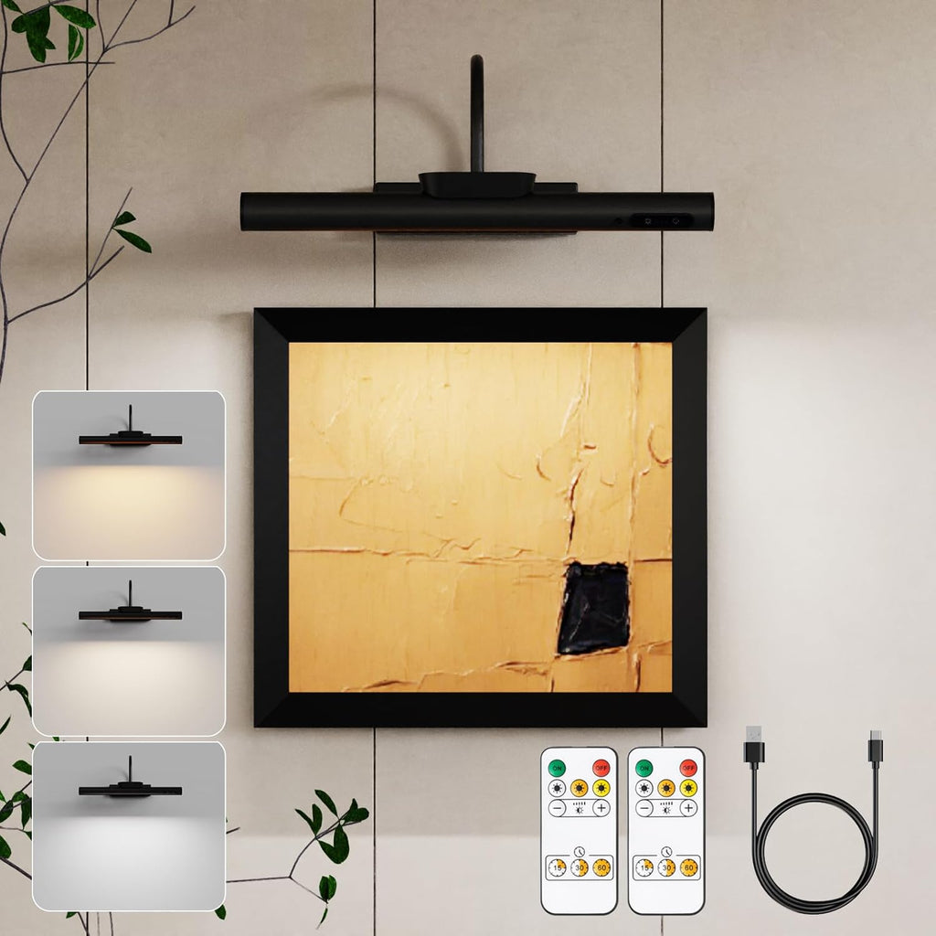 13.8inch Battery Operated Wireless Picture Light，Remote Control Painting Display Lights, Rechargeable Wall Lights with Three Modes and Power Display for Art Frame (13.8in Black-2set)