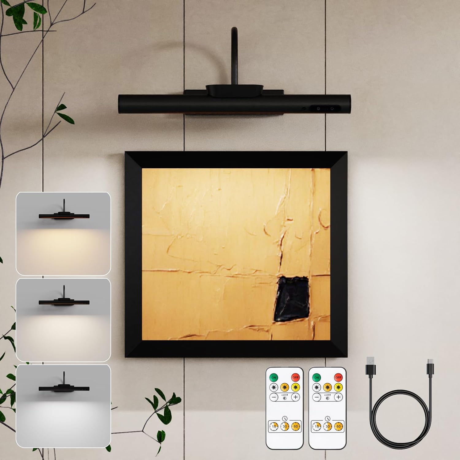 13.8inch Battery Operated Wireless Picture Light，Remote Control Painting Display Lights, Rechargeable Wall Lights with Three Modes and Power Display for Art Frame (13.8in Black-2set)
