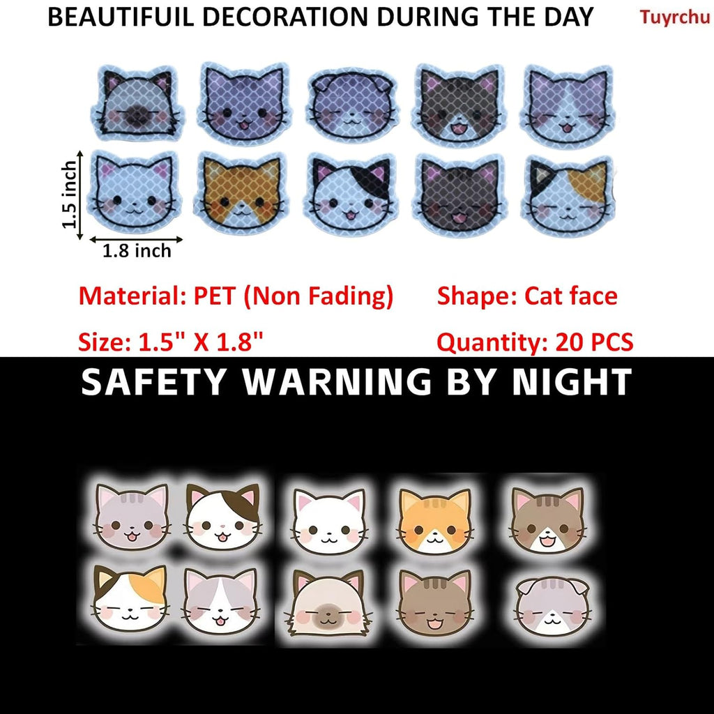 Reflective Stickers 20 Pcs, Outdoor Waterproof High Visibility Warning Safety Adhesive Reflector (1.5" X 1.8", Cat face)