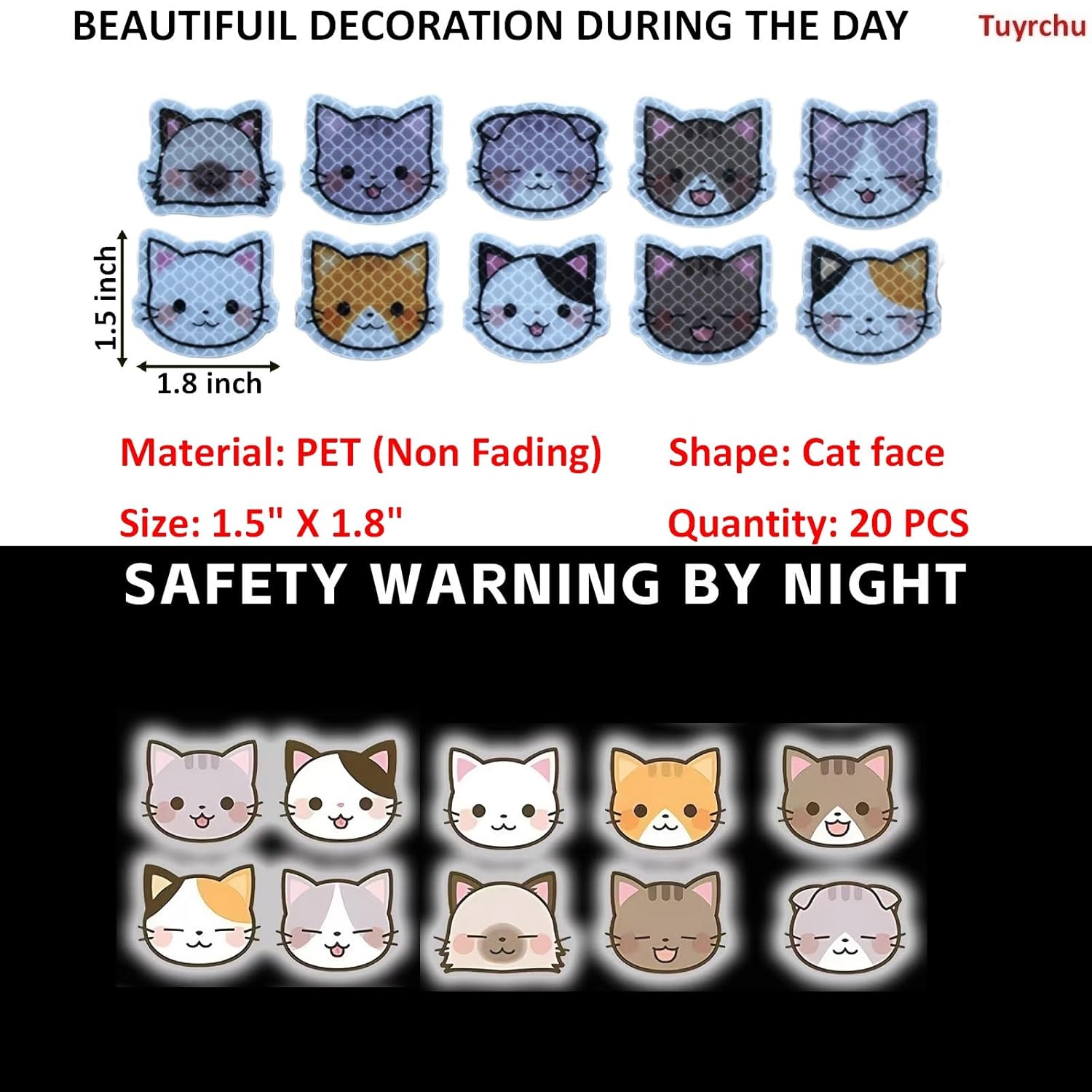 Reflective Stickers 20 Pcs, Outdoor Waterproof High Visibility Warning Safety Adhesive Reflector (1.5" X 1.8", Cat face)