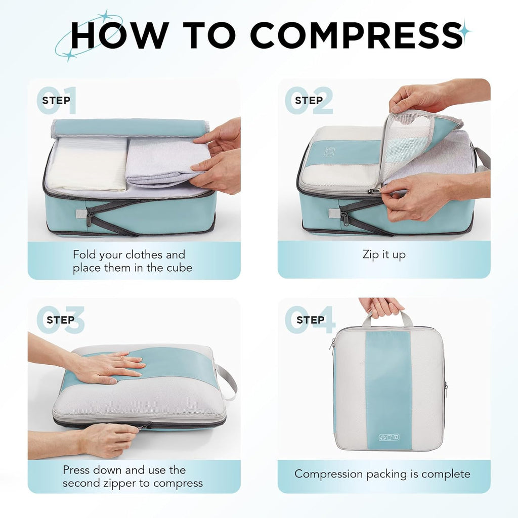 10 Set Compression Packing Cubes for Travel Essentials,Compressible Expandable Packing Cubes for Suitcase,OlarHike Luggage Organizer Bags for Travel,Handy Helper for Organizing Clothes(Blue Gray)