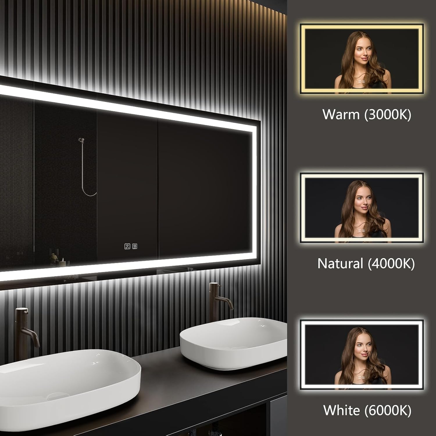 APRILSOUL 72x36 Inch LED Bathroom Mirror with Front and Backlit, Makeup Mirror with 3 Color Lights, Memory Function, Anti-Fog and Dimmable Light (Horizontal)