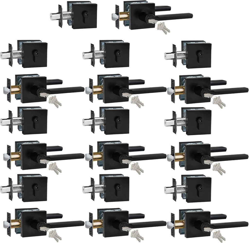 Keyed Entry Door Handle with Single Cylinder Deadbolt, Keyed Alike(Same Keys Only Per Set) Front Door/Exterior Door Lever Lockset, Matte Black, 10 Sets of Locks with 10 Sets of Different Keys