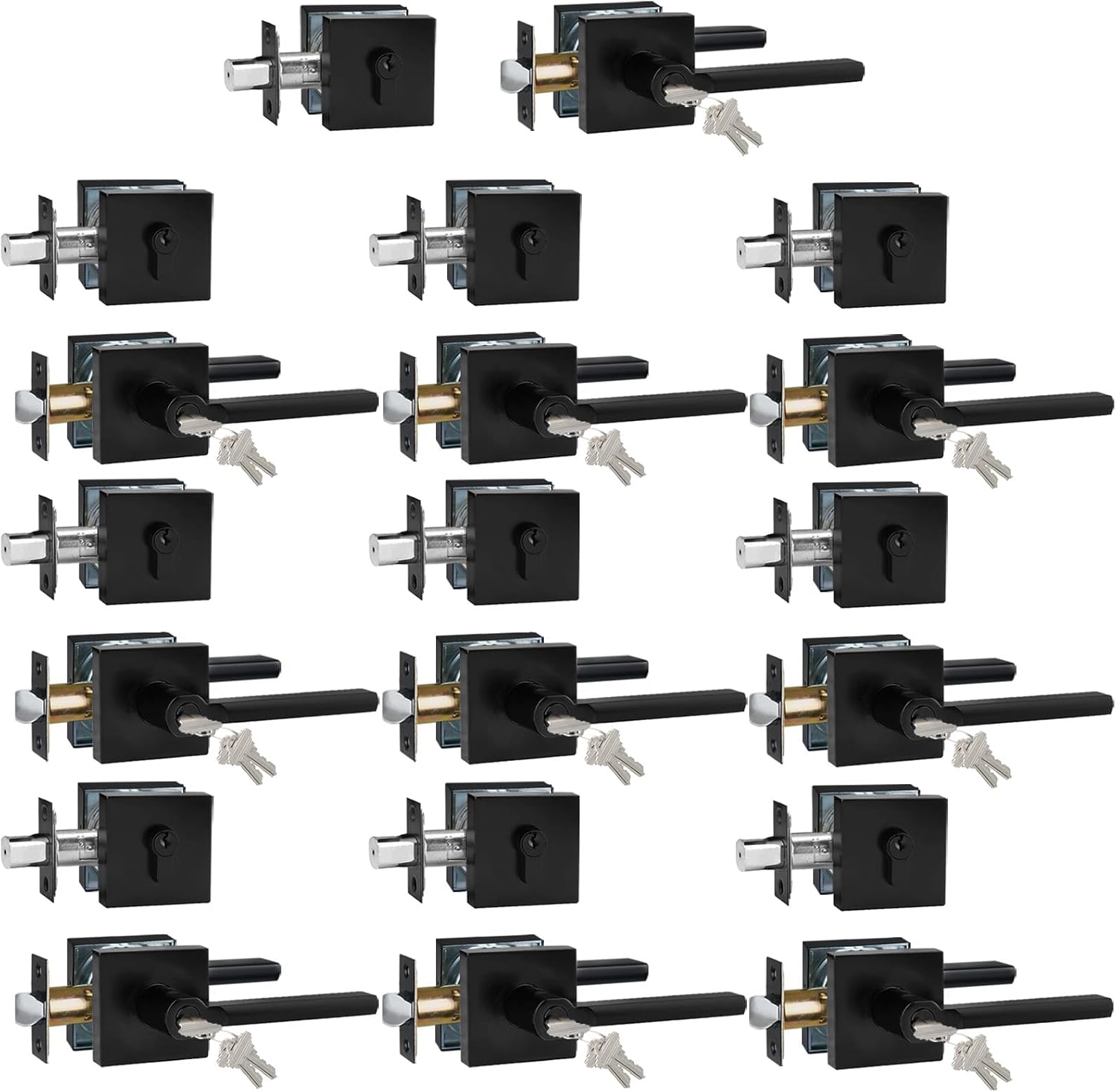 Keyed Entry Door Handle with Single Cylinder Deadbolt, Keyed Alike(Same Keys Only Per Set) Front Door/Exterior Door Lever Lockset, Matte Black, 10 Sets of Locks with 10 Sets of Different Keys
