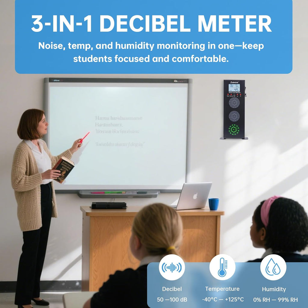 Noise Detector with Traffic Light Alert & Adjustable dB Threshold & Volume, Temp & Humidity Display, for Classroom Noise Control, Fun Interaction for Easy Noise Management