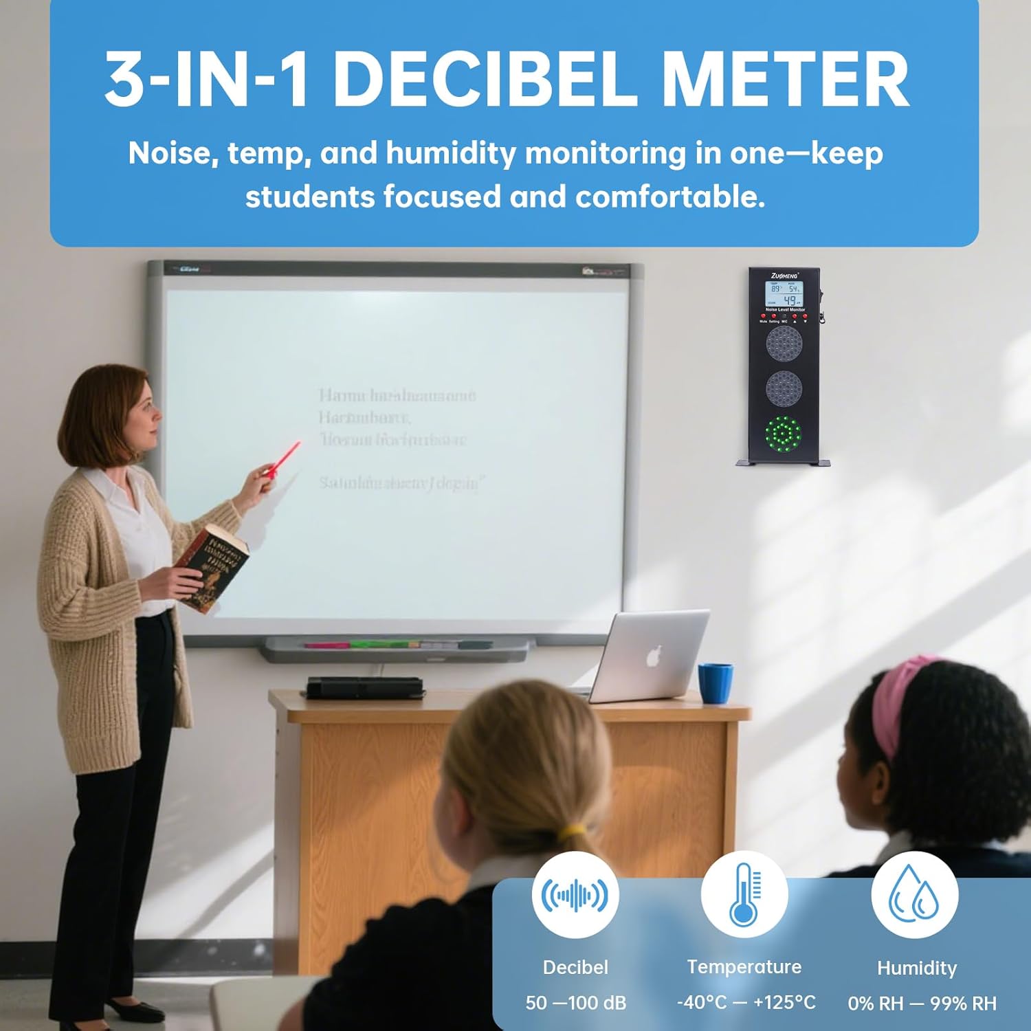 Noise Detector with Traffic Light Alert & Adjustable dB Threshold & Volume, Temp & Humidity Display, for Classroom Noise Control, Fun Interaction for Easy Noise Management
