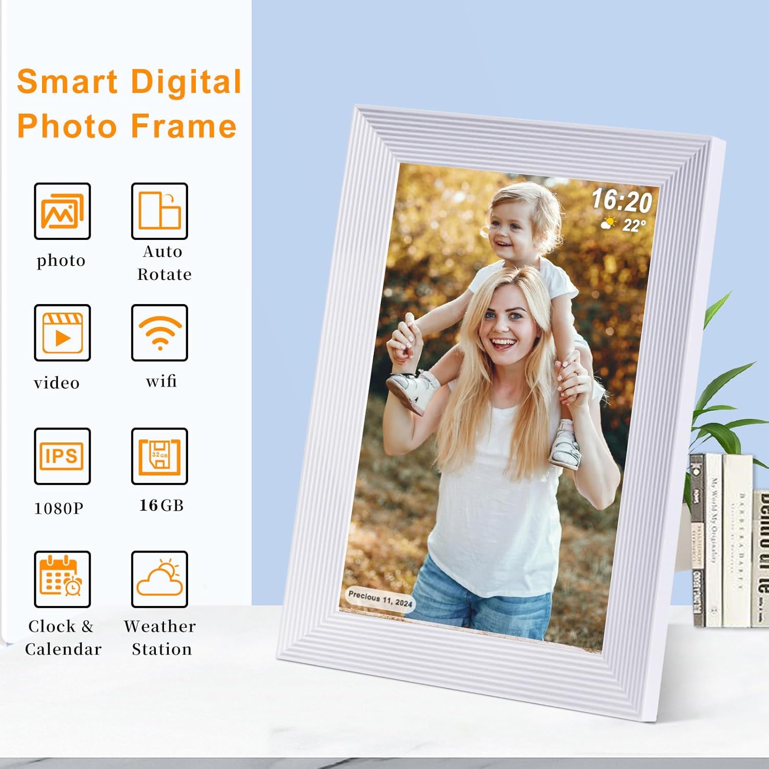 Frameo 10.1 Inch Smart WiFi Digital Photo Frame,Digital Picture Frame with 16GB Storage & SD Slot, Electronic Picture Frame IPS Touch Screen with Auto-Rotate, Frameo Digital Frame WiFi - White