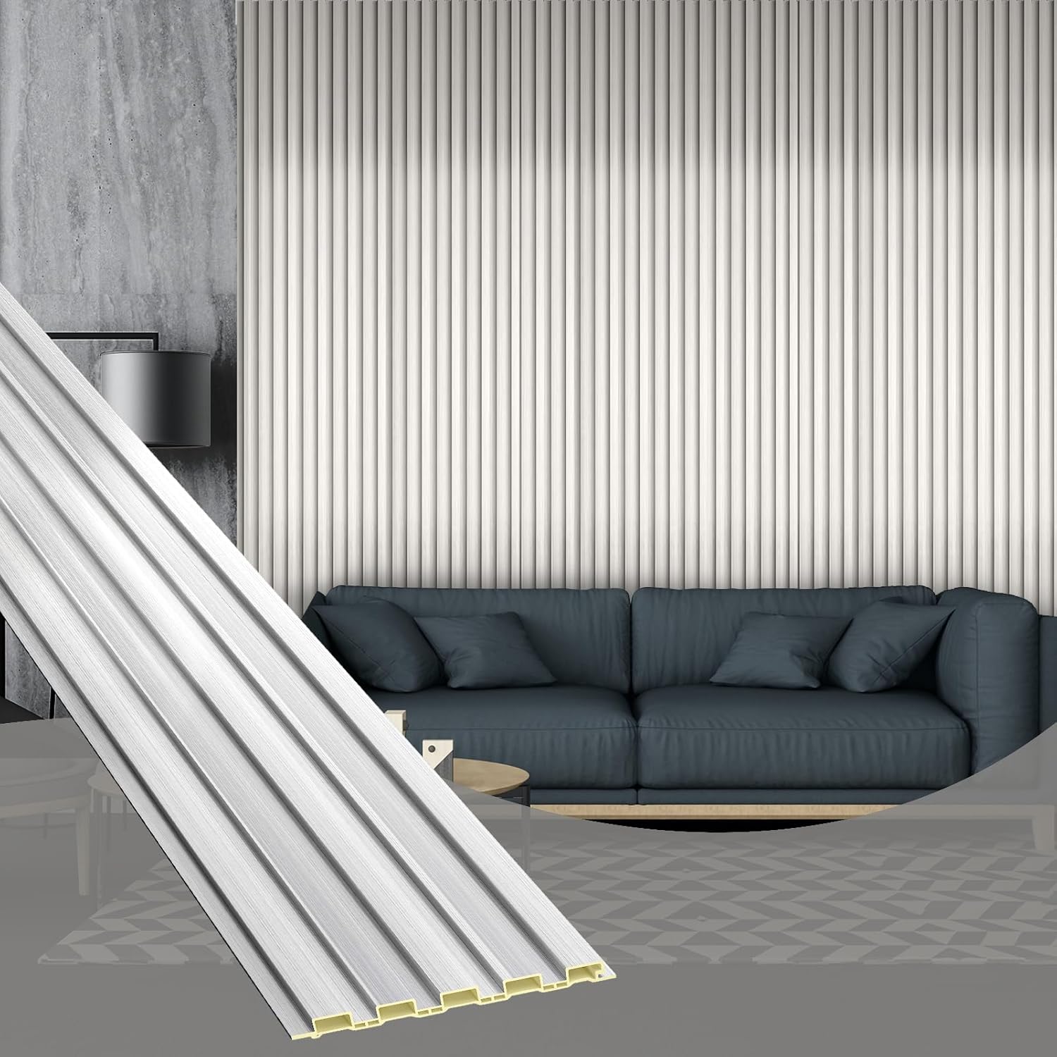 OUZUGIE WPC Acoustic Slat Wall Paneling, 8-Pack 114 x 6 Inches 3D Wall Panels for Interior Wall Decor,Living Room,TV Background,Study Room,Office Spaces,Bedroom,Low Grille (Metallic Silver)