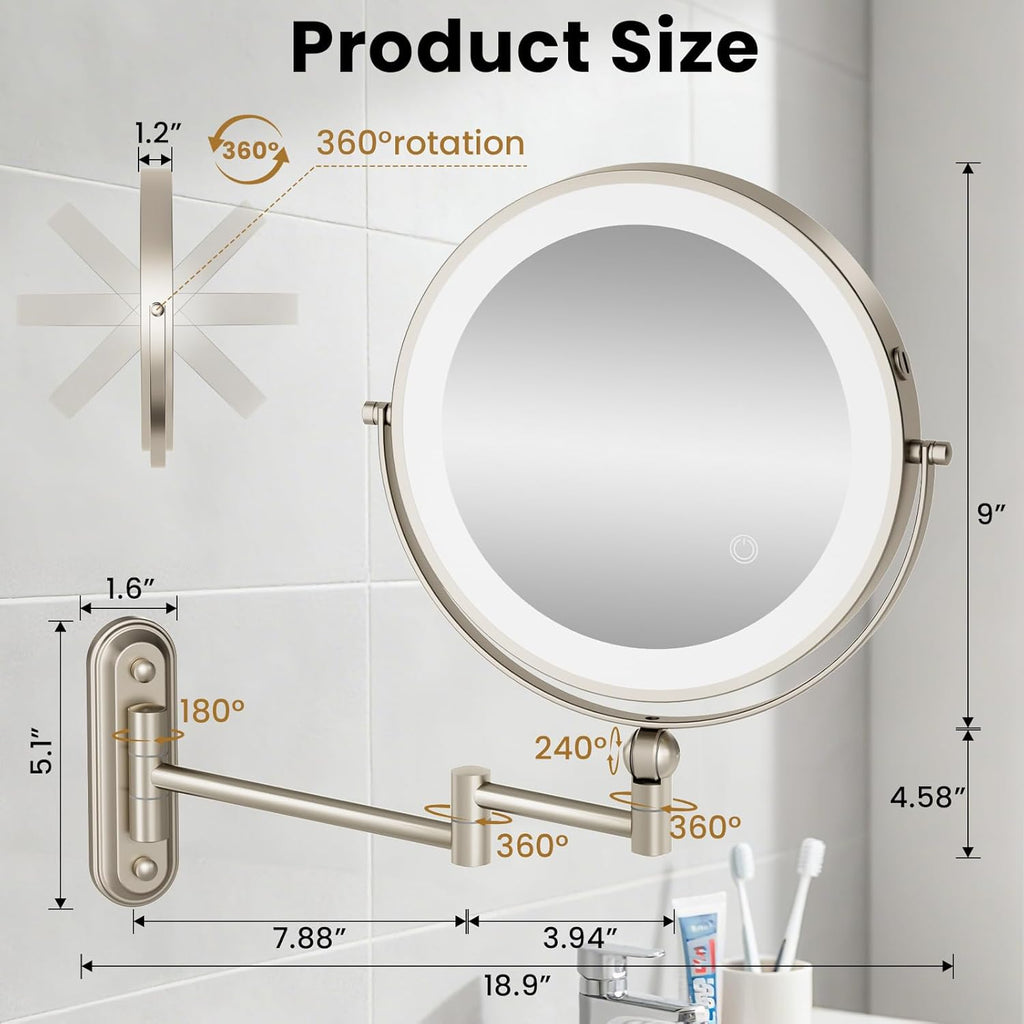 Rocollos 9-Inch Large Makeup Mirror with 30X Magnification, Rechargeable Wall Mounted Vanity Mirror with Lights, 3 Color Dimmable LED, Touch Screen & Retractable Arm-Black (9INCH-Nickel)
