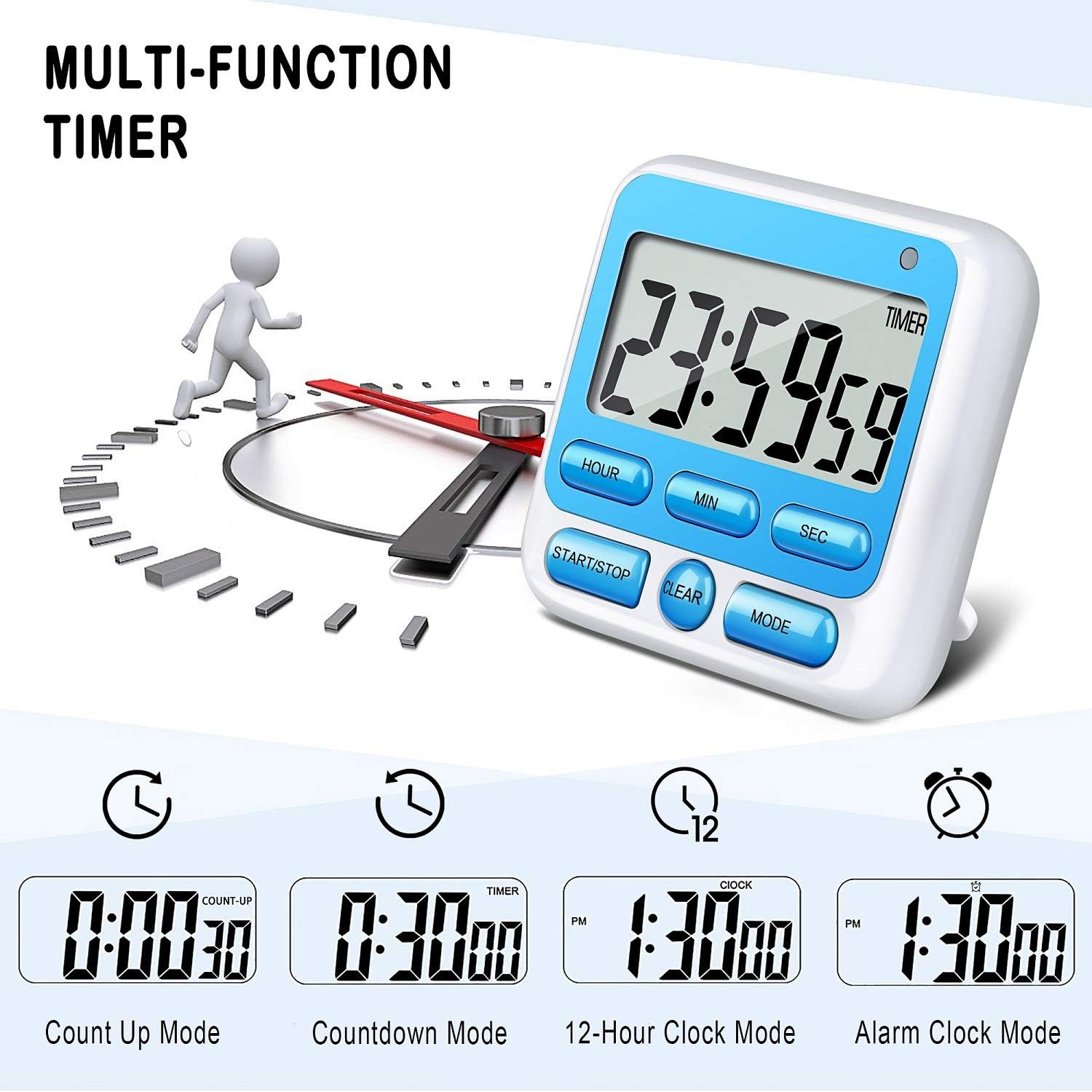 KTKUDY Digital Kitchen Timer with Mute/Loud Alarm Switch ON/Off Switch, 12-Hour Clock & Alarm, Memory Function Count Up & Count Down for Kids Teachers Cooking, Large LCD Display, Strong Magnet (Blue)