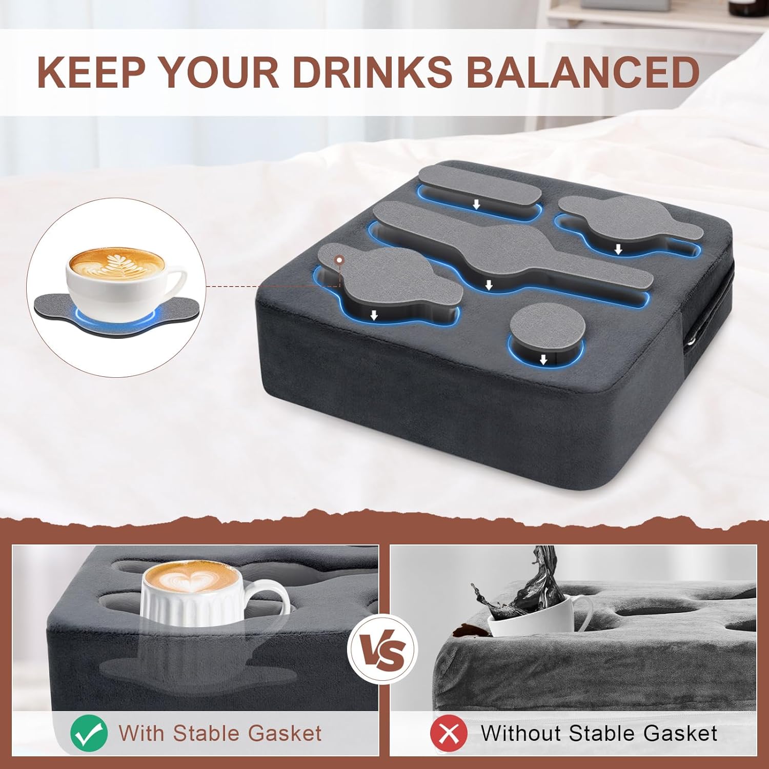 Couch Cup Holder Pillow - Sofa Cup Holder | Couch Caddy, Couch Drinks Remotes Holder for Cups, Headphones, Snacks， and Phones | Use it on Car, Pack, Beach, RV, and More(Grey)