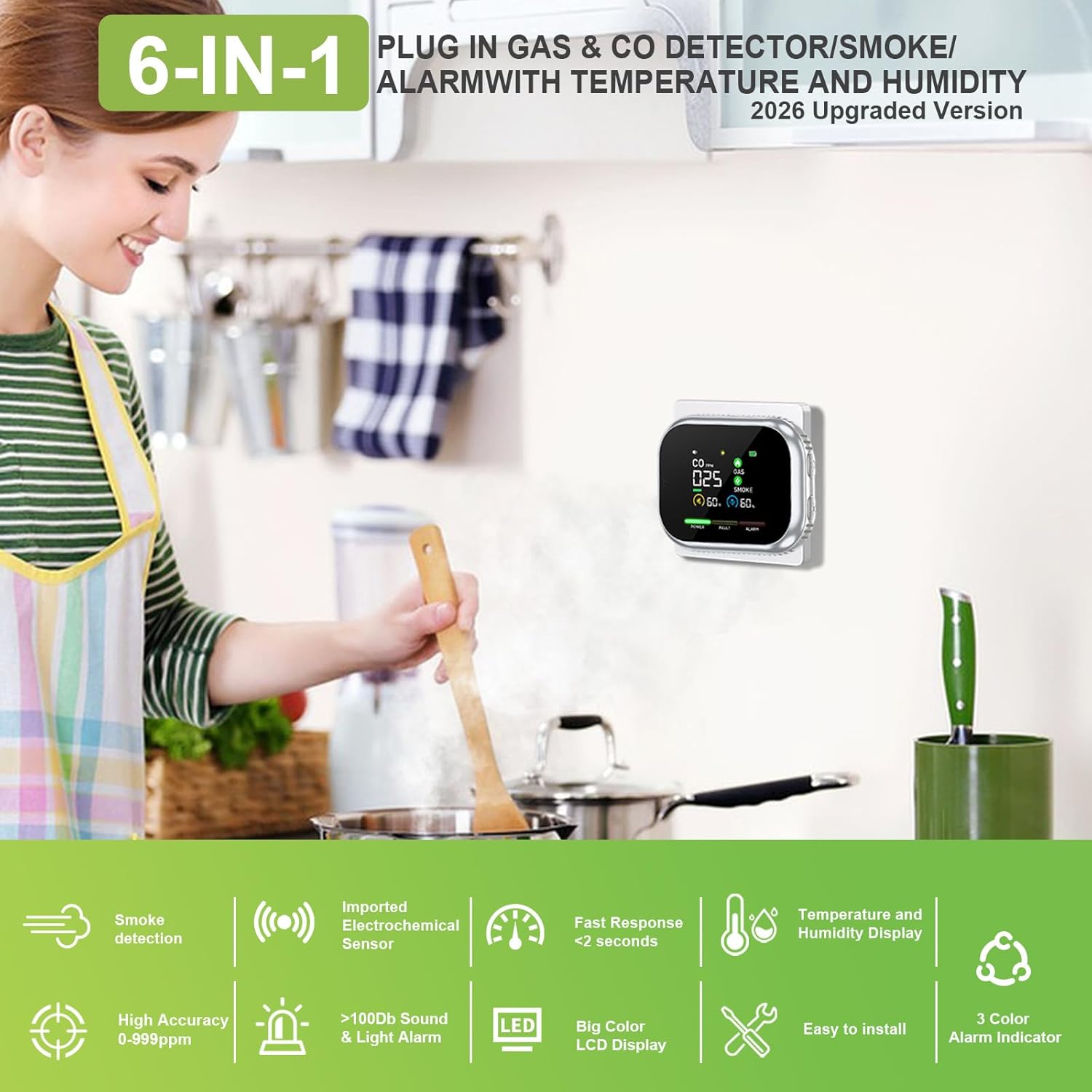 New 6 in 1 Plug in Smoke Carbon Monoxide Detectors w/ 270° Rotating UI, Smoke CO Detector Combo Battery Backup, Portable Carbon Monoxide Alarm Detector, Natural Gas Detector Smoke Alarm for Home RV