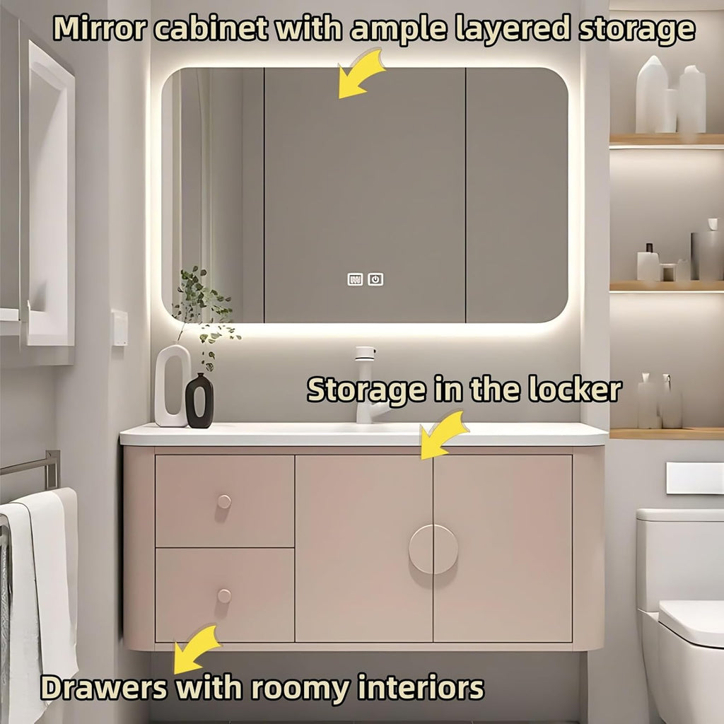 48IN Pink Modern Bathroom Vanity - Bathroom Vanities Set with 2 Drawers Wall Mounted | Rounded Corner Smart Defogging Mirror Cabinet with Lighting & Time Display, Side Opening Storage Shelf (Style A)