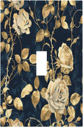 Decorative Light Switch Cover Boho Vintage Floral Golden Flower Dark Blue Background 1 Gang Single Toggle Device Electrical Faceplate Switchplates Decorator Outlet Wall Plate for Bedroom