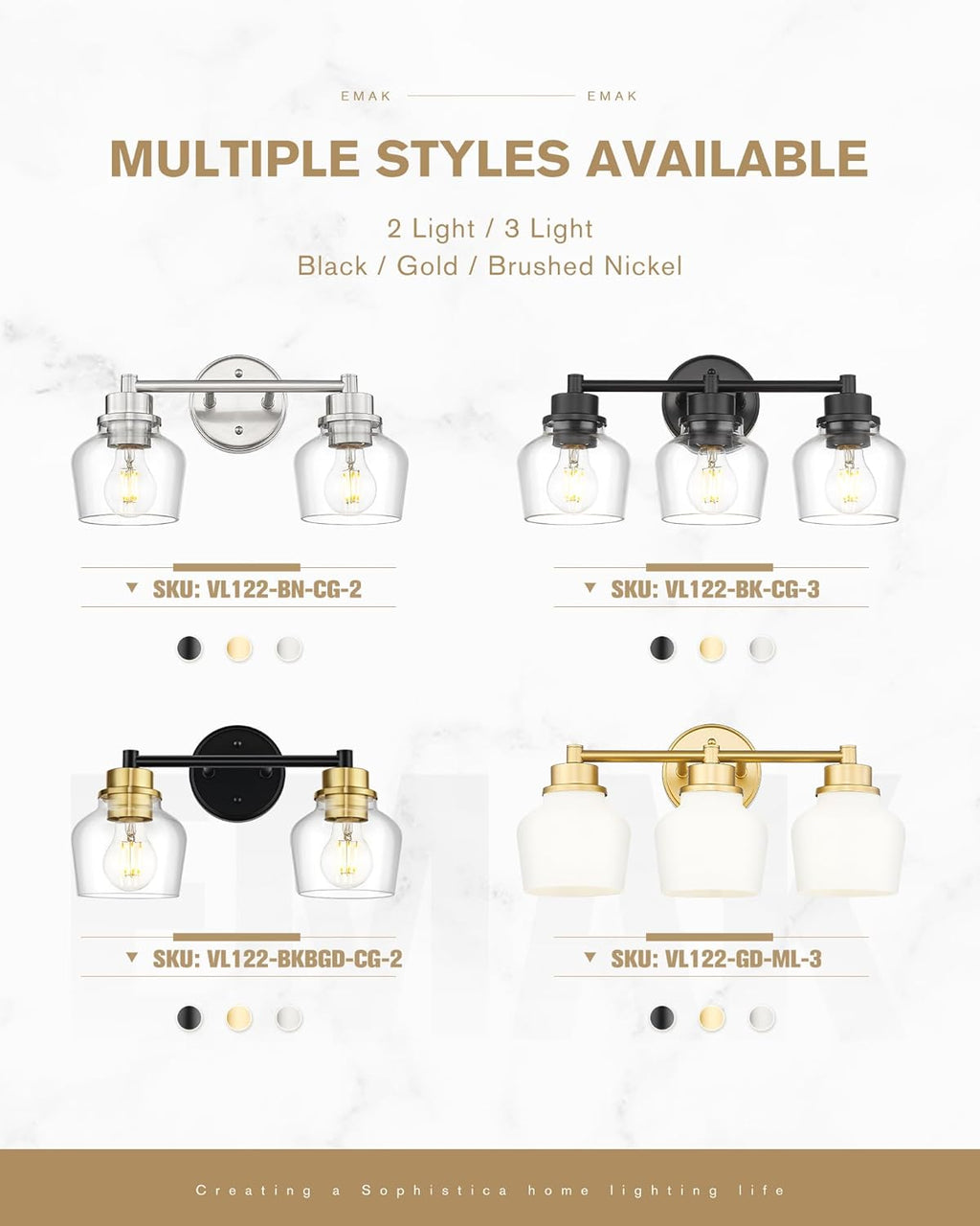 Emak Farmhouse 2-Light Bathroom Light Fixtures, Modern Black and Gold Vanity Lights with Clear Glass Shade for Bathroom, Mirror, VL122-BKBGD-CG-2
