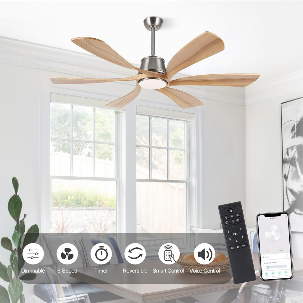 WINGBO 60" Smart Ceiling Fan with Light, Dimmable LED Light, 6-Speed Remote/APP/Voice Control, Solid Wood Blades Fan for Bedroom/Living Room/Shop Works with Alexa or Google Assistant Light Wood Color