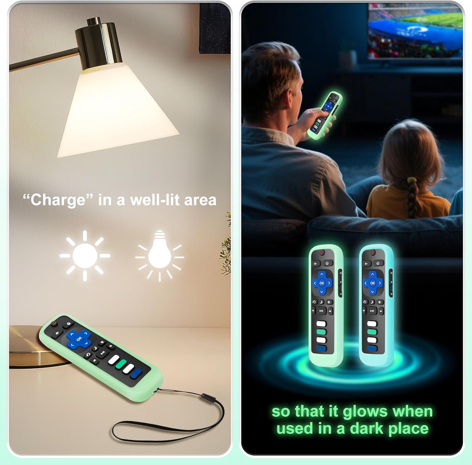 for Roku-Remote-Cover,Compatible with All Roku TV Remote Glow in The Dark Silicone Protective Case Blue and Green 2-Pack