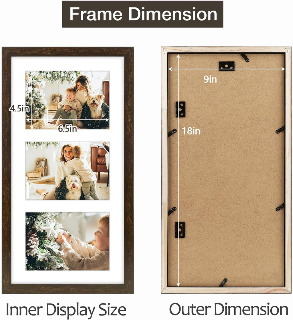 Golden State Art Three 5x7 Collage Picture Frame - Solid Wood with Tempered Glass - Multi Picture Frame Display Three 5x7 Photos with Mat - or One 9x18 Frame Without Mat for Wall Decor, Dark Brown