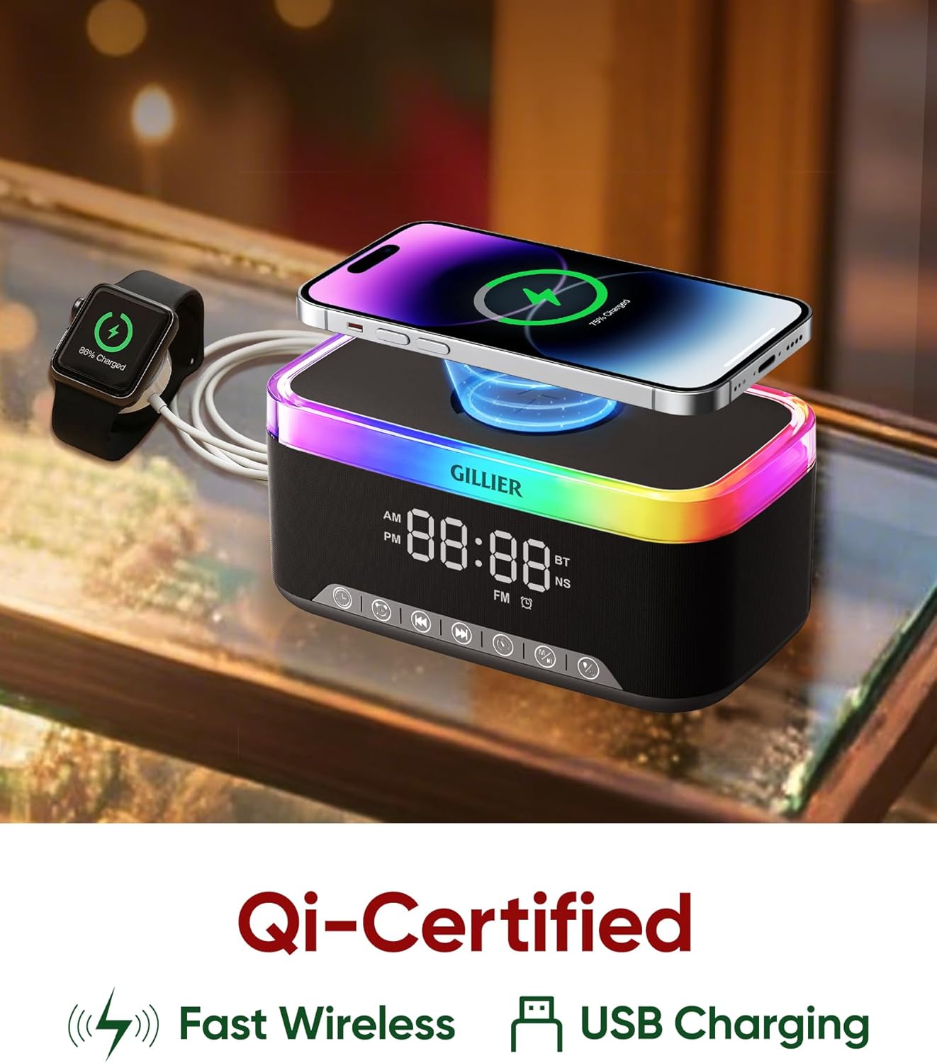 Wireless Charging Alarm Clock Radio for Bedrooms – 15W Fast Wireless Charger for iPhone/Samsung-Stereo Bluetooth Speaker with FM Radio, Dimmable Display, USB Port, Sleep Timer, Gifts for Christmas