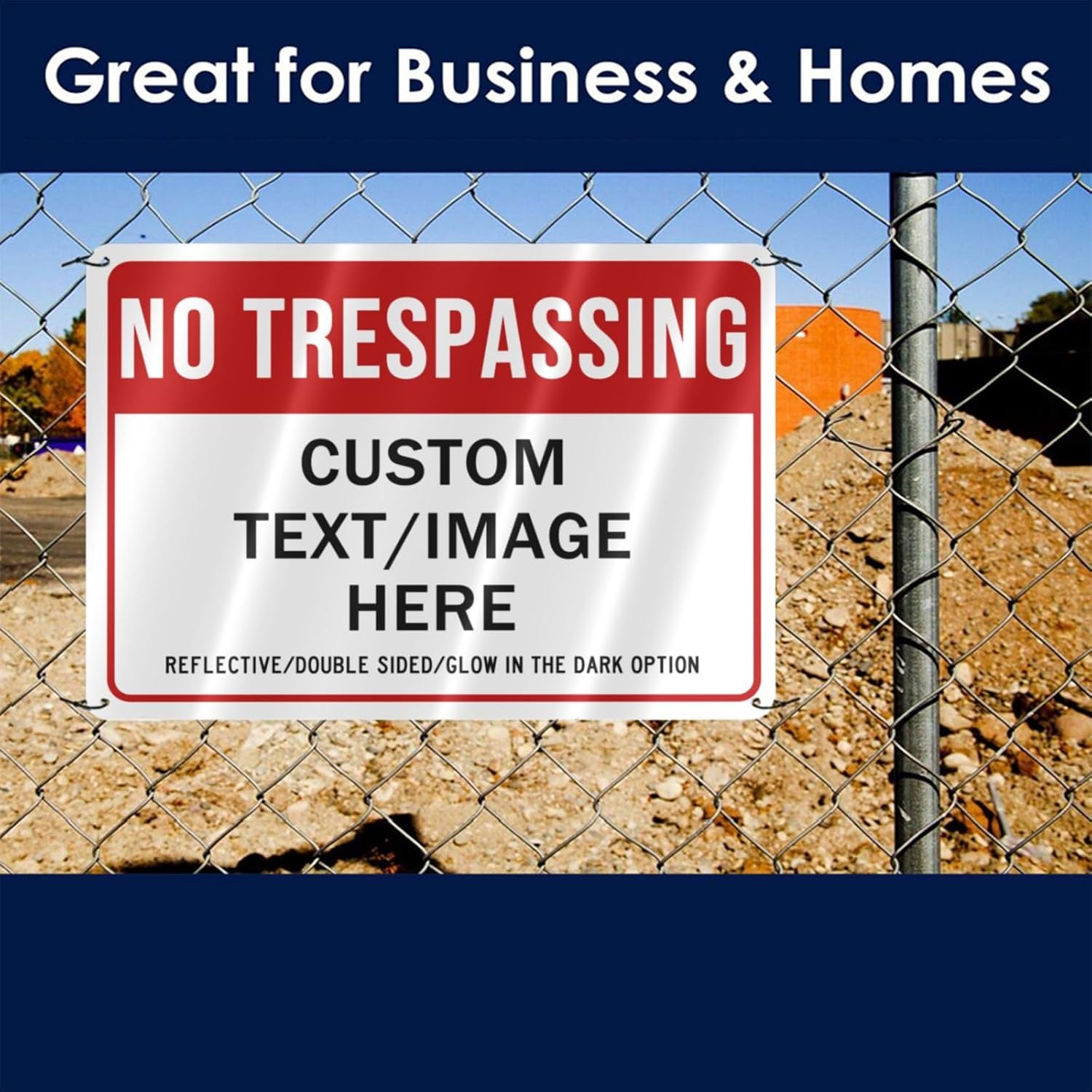 Custom No Trespassing Sign, Glow in the Dark/Reflective Option, 14''x10'' Personalized Aluminum Warning Signs, Customize for Business, Yard, Garden, School, Indoor/Outdoor Use