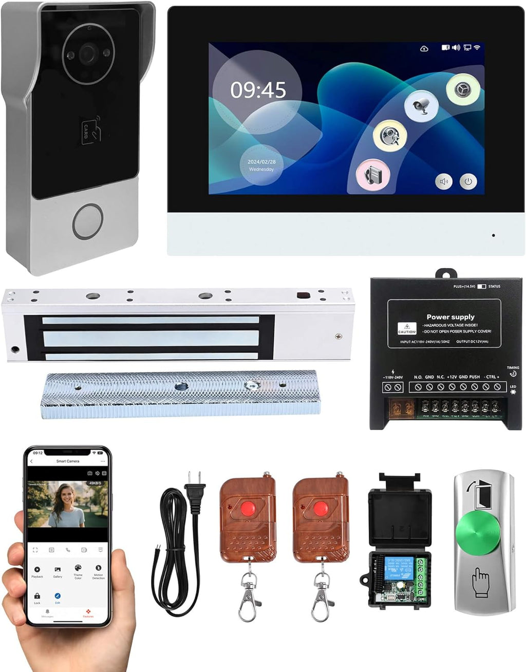 Smart Video Doorbell Intercom System with 600lb Magnetic Lock, 7" Touch Screen Wi-Fi Monitor, 1080P 2.0MP HD Camera, RFID IC Card Access, Tuya App Remote Unlock, Exit Button & Remote Control Kit