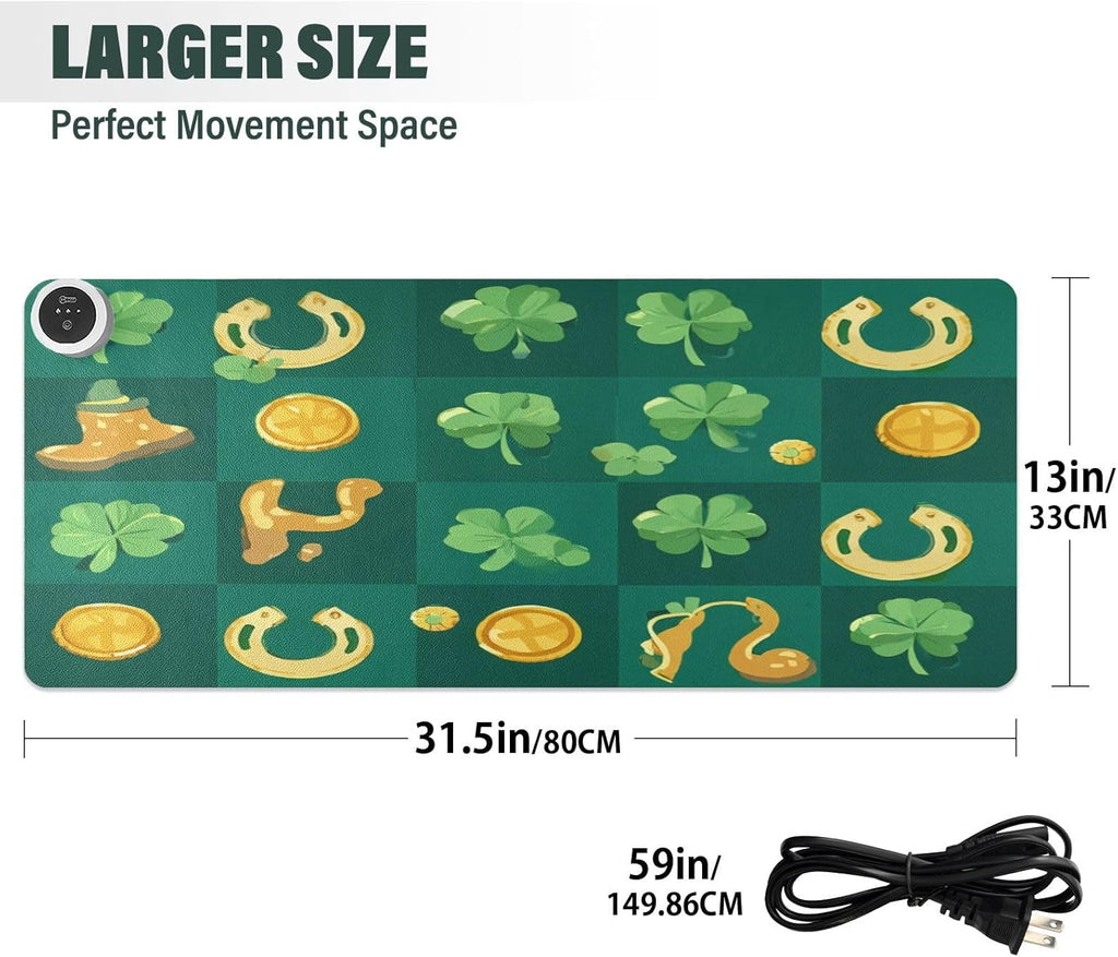 Heated Desk Pad Mouse Pad 31.5x13 Inch PU Leather Desk Mat with 3 Heat Levels Large Mouse Gaming Computer Laptop Mat Clover Dwarf St Patrick's Day