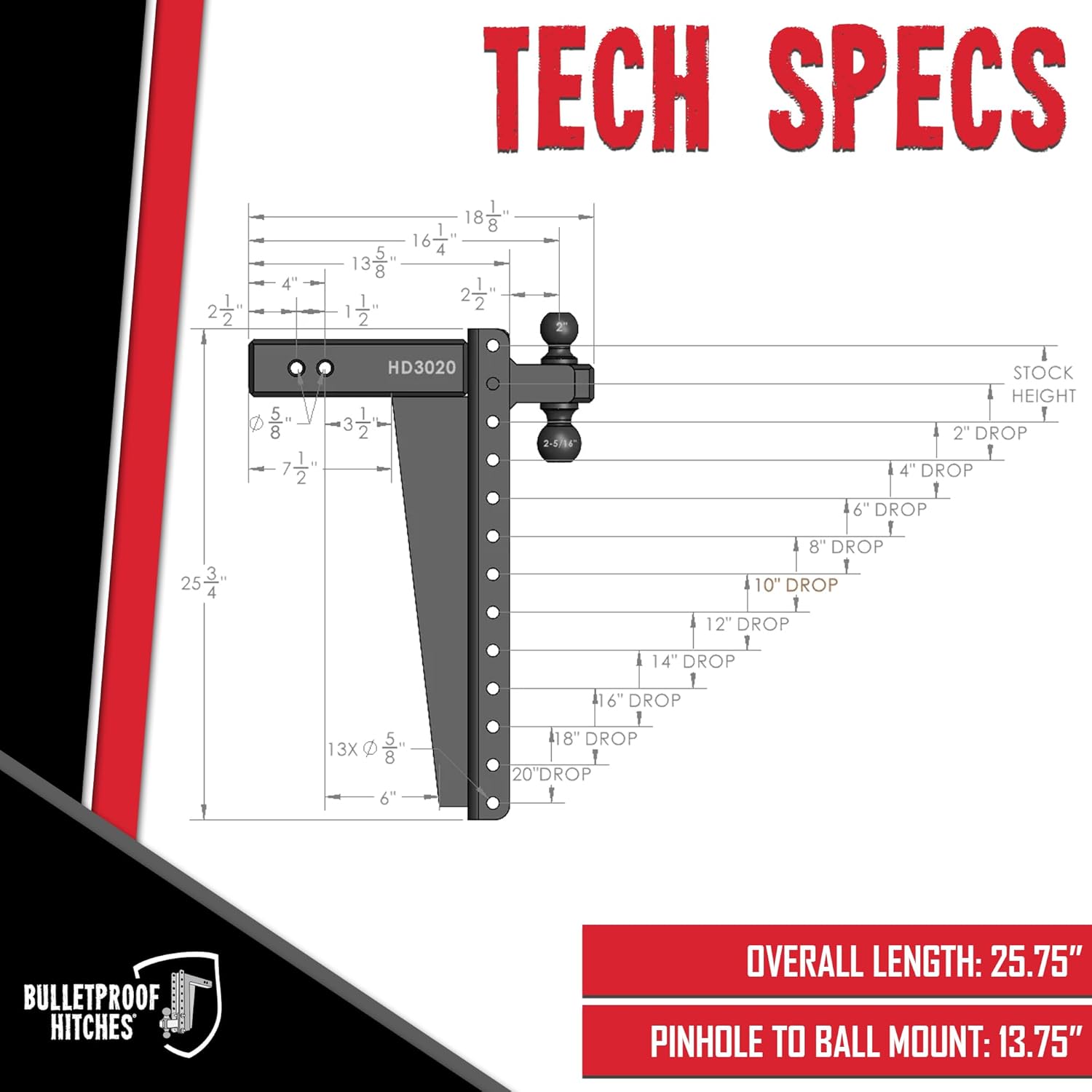 BulletProof Hitches - 3.0" Adjustable Heavy Duty Trailer Hitch (22,000 lb. Rating) - 20" Drop/Rise Trailer Hitch with 2" & 2-5/16" Dual Ball - Powder Coat, Solid Steel, Corrosion-Resistant