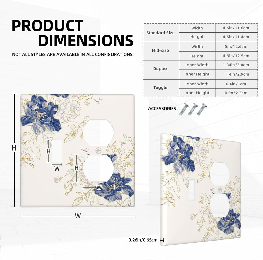 Decorative Outlet Covers Rustic Blue Flower Floral Gold Leaf 2 Gang Light Switch Cover Plate Single Toggle Duplex Wall Plates for Electrical Outlets Switch Plate Covers for Home Decor