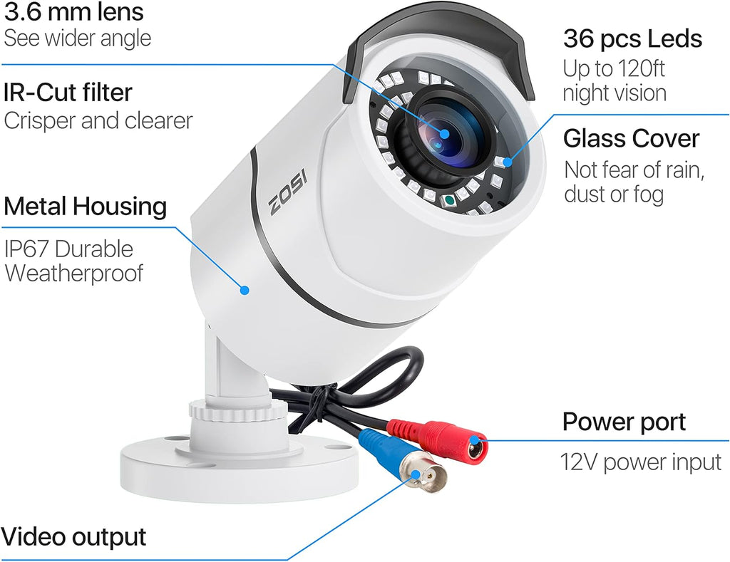 ZOSI 4 Pack 2MP 1080p HD-TVI Home Security Camera Outdoor Indoor 1920TVL, 36PCS LEDs, Night Vision, Weatherproof Surveillance CCTV Bullet Camera