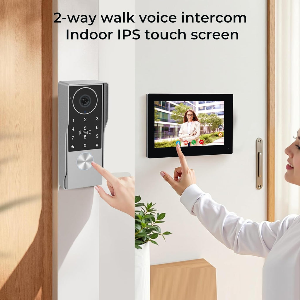 2-Wired key pad Video Intercom System with keypad,doorbell with monitor Dual 7'' Touch Screen, 1080P HD Camera, Passcodes Unlock, Night Vision, Tuya app, Waterproof, for Front Gate Apartment Home