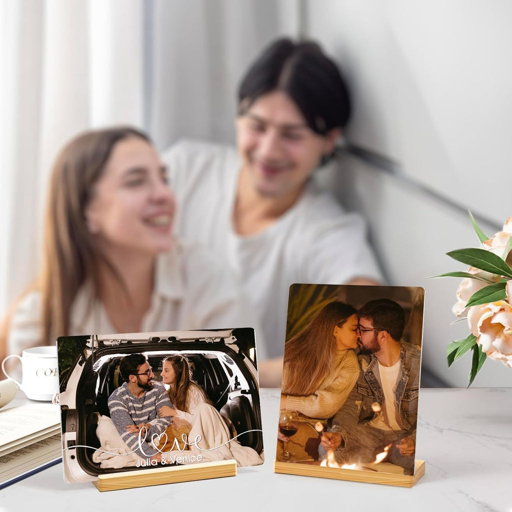 Custom Photo Prints - Metal Desktop Picture Frame with Photos & Name & Wooden Base Personalized Gifts for Family Friends and Lovers, Optional Multiple Sizes