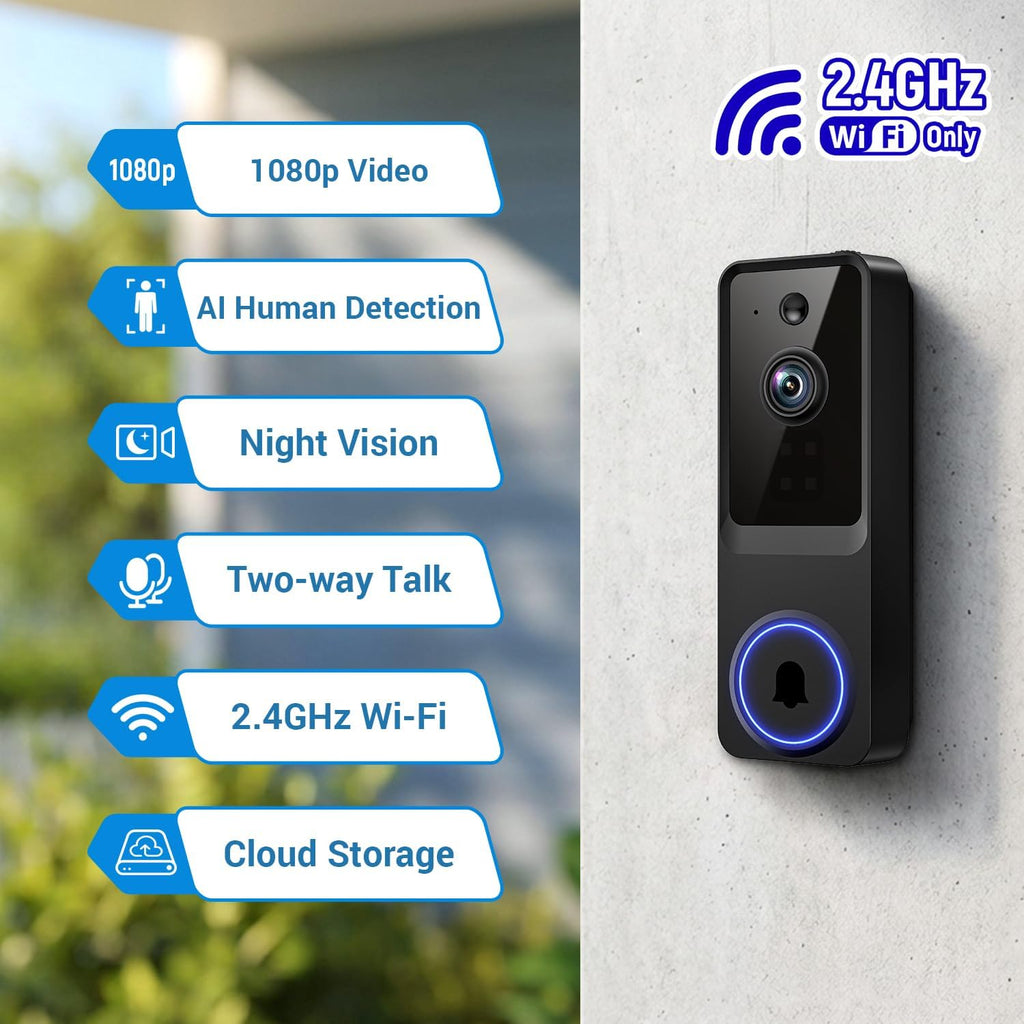 1080p Wireless Video Doorbell Camera for Home Security, with Cloud Storage, Real-Time Alerts, Night Vision, Indoor and Outdoor Monitoring, Battery Powered