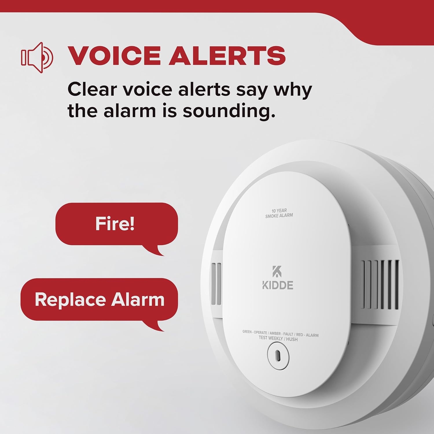 Kidde Smoke Detector, 10-Year Battery Powered, Voice Alerts, LED Warning Light Indicators, 20SD10-V