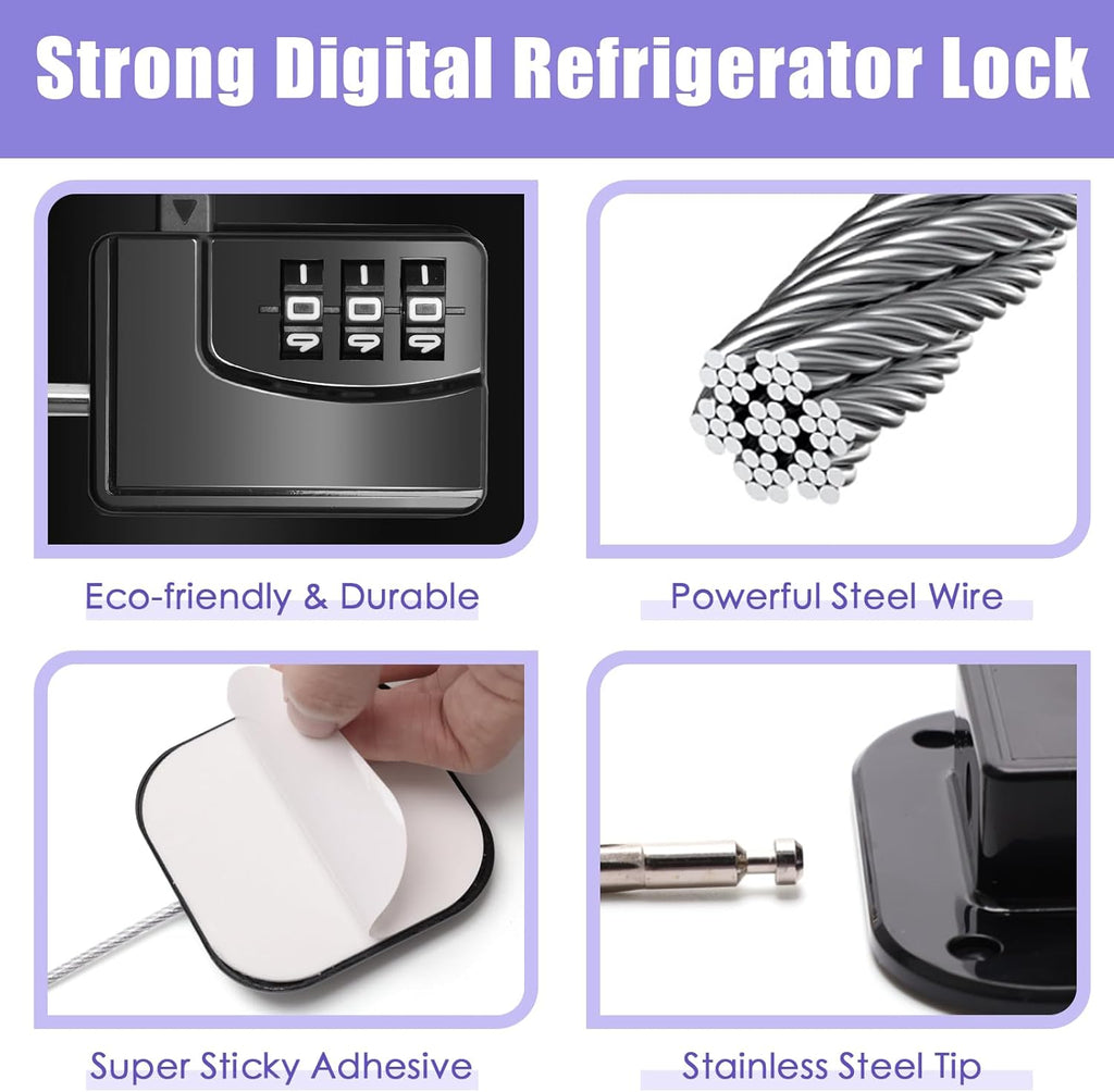 4PCS Fridge Lock Combination, Self-Adhesive Refrigerator Locks Freezer Door for Adults with Password (Black) (Square)