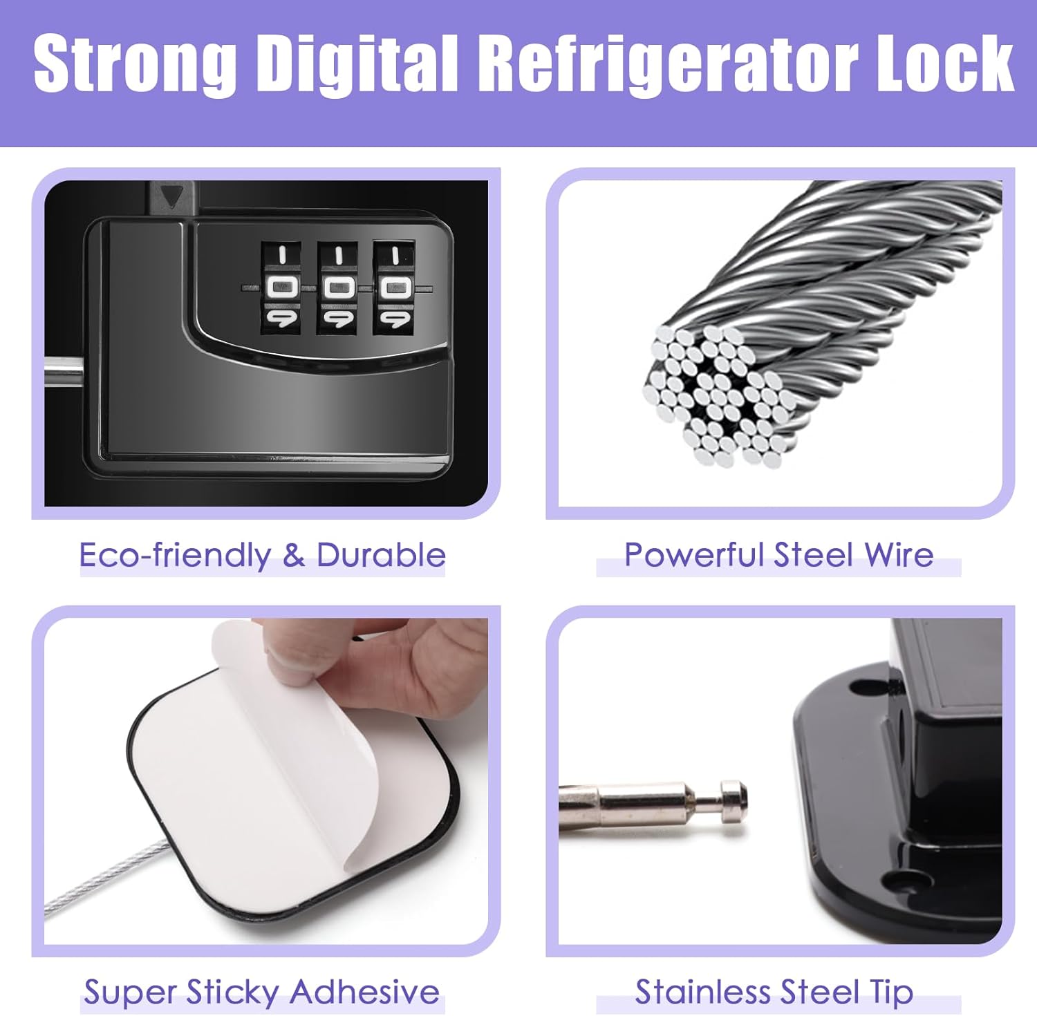 4PCS Fridge Lock Combination, Self-Adhesive Refrigerator Locks Freezer Door for Adults with Password (Black) (Square)