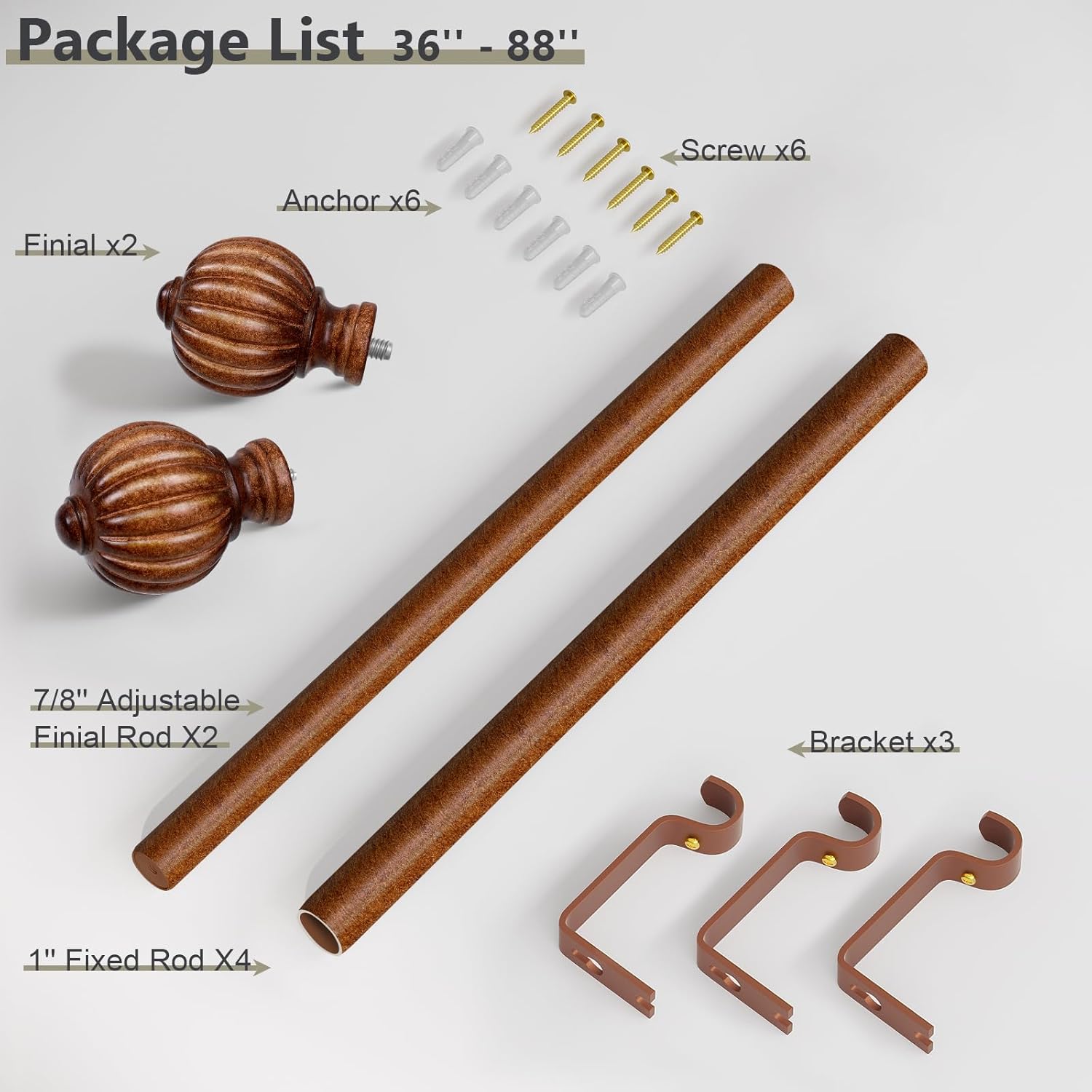 Dark Brown Wood Curtain Rods for Windows 48 to 84 Inch, 1'' Adjustable Heavy Duty Curtain Rod，Vintage Imitation Wood Decorative Drapery Rods with Pumpkin Finials for Bedroom Living Room